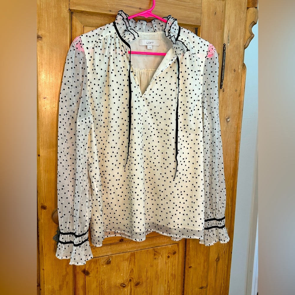 Loft Cream Blouse w/Black Velvet Dots Size Large Feminine Long Sheer Sleeves